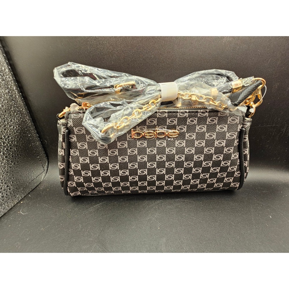 Bebe Monogram Logo Crossbody Bag Grey Black Gold Tone Hardware